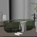 Green Transparent Bathtub with White Towel Slippers and Bamboo Plant in Minimal Bathroom