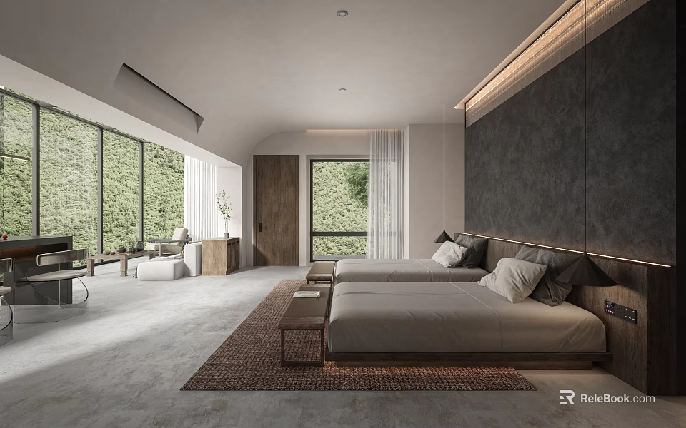 Modern Hotel Room Interior With Large Windows Greenery View Two Beds And Minimalist Design 3d model 