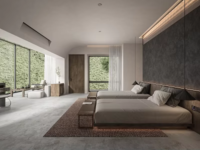Modern Hotel Room Interior With Large Windows Greenery View Two Beds And Minimalist Design 3d model