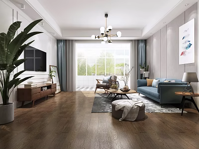 Modern Living Room Interior With Blue Sofa Wooden Floor Chandelier Green Plant And Large Window 3d model