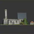 Ancient Stone Building Model With Church Tower Blue And Small Orange Roofs Green Grass Trees