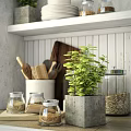 Wooden Kitchen Utensils With Glass Jars Plates And Green Plants On Kitchen Shelf