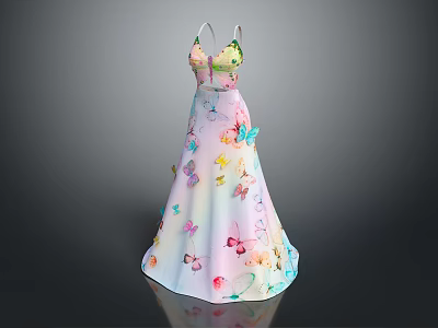 Elegant Formal Gown With Colorful Butterfly Patterns And Pastel Gradient Design 3d model