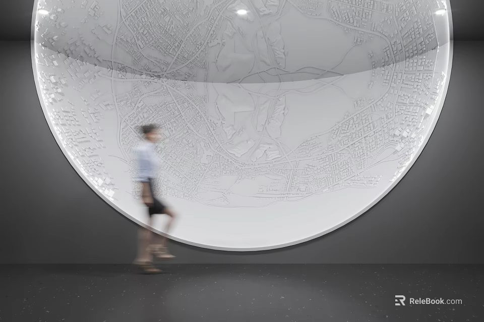 Giant Silver Sphere Commercial Equipment With Intricate Map Carving In Modern Exhibition Hall 3d model 