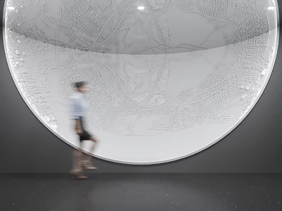 Giant Silver Sphere Commercial Equipment With Intricate Map Carving In Modern Exhibition Hall 3d model