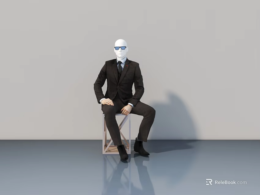Stylish Mannequin In Black Suit Sitting Near Modern Swing Door 3d model 