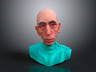 3D Sculpture of a Man with Bald Head Wrinkled Face in Teal Turtleneck with Buttons 3d model