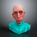 3D Sculpture of a Man with Bald Head Wrinkled Face in Teal Turtleneck with Buttons