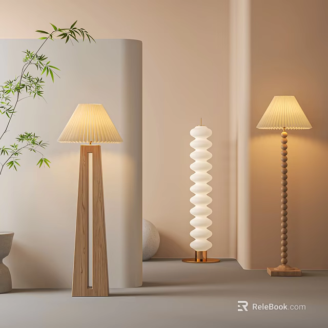 Stylish Floor Lamps With Wooden Bases Spiral Design And Pleated Shades For Cozy Indoor Spaces 3d model 