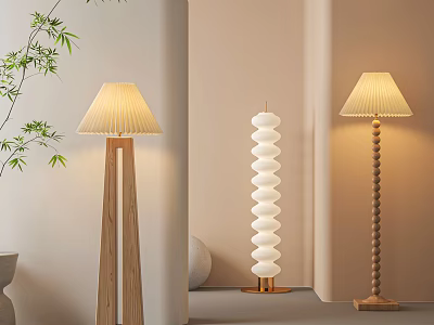Stylish Floor Lamps With Wooden Bases Spiral Design And Pleated Shades For Cozy Indoor Spaces 3d model