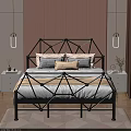 Modern Double Bed With Gold Metal Frame Geometric Headboard And White Bedding