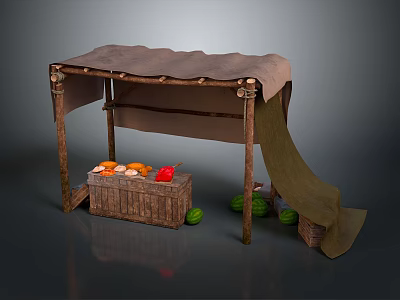 Rustic Fruit Stall With Wooden Frame Canvas Canopy And Crates Of Fruits 3d model