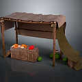 Rustic Fruit Stall With Wooden Frame Canvas Canopy And Crates Of Fruits