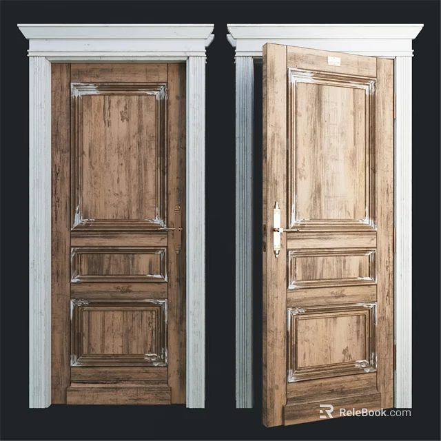 Elegant Classic Wooden Swing Door With Decorative Panels And White Frame 3d model 