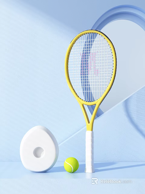 Yellow Tennis Racket With White Grip And Modern Design On Blue Background 3d model 