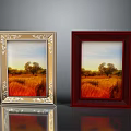 Gold And Red Picture Frames With Ornate Design Holding Landscape Painting Of Field And Trees