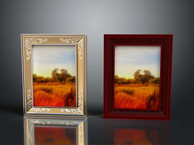Gold And Red Picture Frames With Ornate Design Holding Landscape Painting Of Field And Trees 3d model