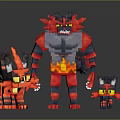 Pixel Art Red Gray Horned Flame Themed Game Characters Family Team