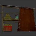 Wooden Fruit Stall With Red And White Patterned Roof Green Fruits Red Basket And Slide