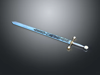 Decorative Medieval Sword With Intricate Carved Blade And Golden Hilt Design 3d model