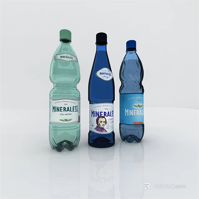 Three Different Colored Mineral Water Bottles With Mineralis Minerale Labels 3d model 