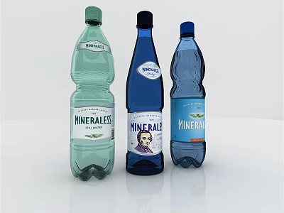 Three Different Colored Mineral Water Bottles With Mineralis Minerale Labels 3d model