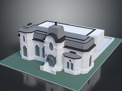 Classical Style 3D Building Model With White Facade Dark Roof Arched Windows And Steps 3d model