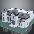 Classical Style 3D Building Model With White Facade Dark Roof Arched Windows And Steps