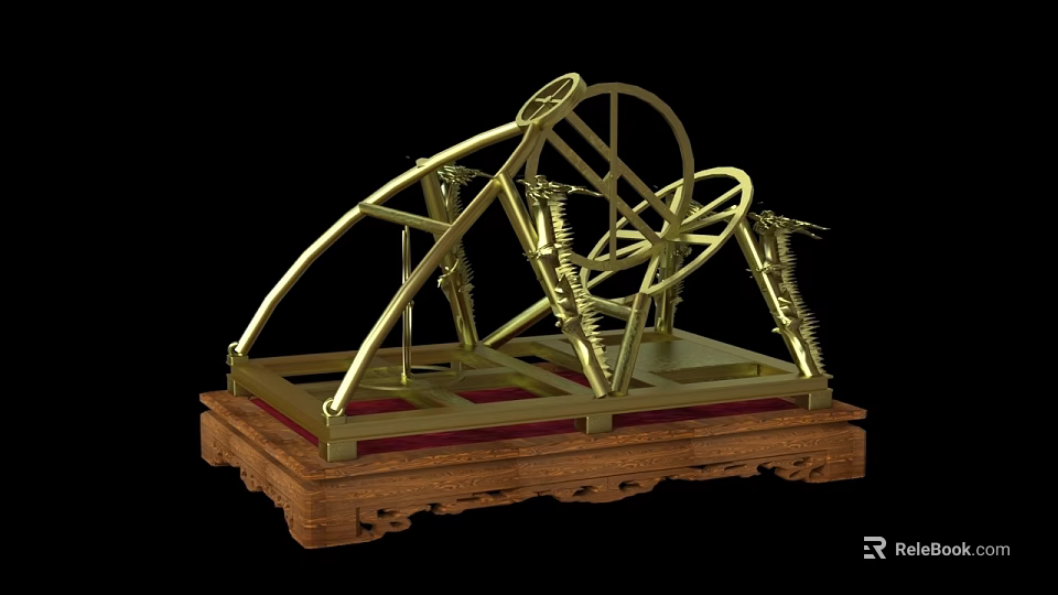Brass Public Facility Model With Metal Frame Wheels And Wooden Base Structure 3d model