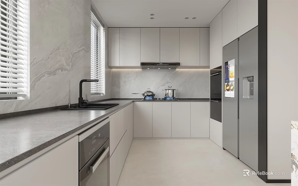 Modern Kitchen Interior With Gray Cabinets Black Countertop Window Refrigerator Dishwasher And Range Hood 3d model 