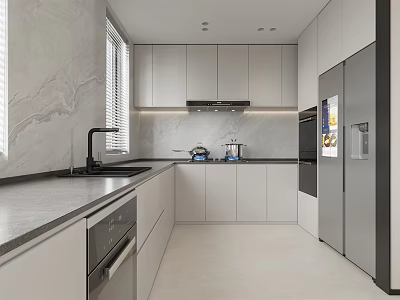 Modern Kitchen Interior With Gray Cabinets Black Countertop Window Refrigerator Dishwasher And Range Hood 3d model