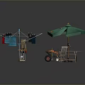 Outdoor Backyard Setup With Clothesline Umbrella Table And Garden Tools