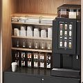 Commercial Coffee Bar Equipment with Wooden Design Black Cabinets Coffee Machine and Cup Storage