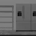 Stainless Steel Kitchen Appliances Double Door Refrigerator and Multi Tier Shelving Unit in Modern Kitchen