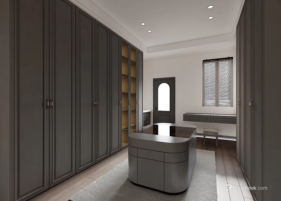 Spacious Walk in Closet with Dark Wardrobes Curved Vanity Counter Open Shelves and Window 3d model 
