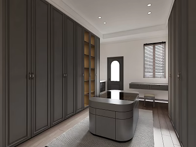 Spacious Walk in Closet with Dark Wardrobes Curved Vanity Counter Open Shelves and Window 3d model