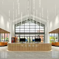 Spacious Student Service Lobby With Wooden Reception Counter Large Windows And Orange Chairs