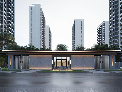 Modern Residential Entrance Gate Design With High Rise Buildings And Lush Green Plants 3d model