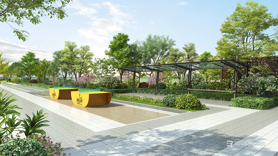 Tranquil Garden Landscape with Lush Trees Green Plants Yellow Seats and Paved Ground 3d model 