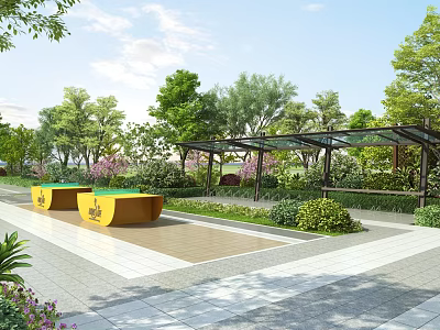Tranquil Garden Landscape with Lush Trees Green Plants Yellow Seats and Paved Ground 3d model