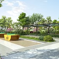 Tranquil Garden Landscape with Lush Trees Green Plants Yellow Seats and Paved Ground
