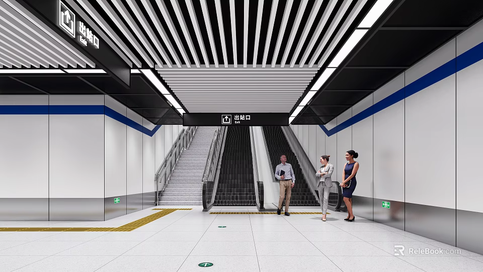 Modern Metro Station Interior With Escalator Staircase Passengers and Ceiling Design 3d model 