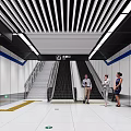 Modern Metro Station Interior With Escalator Staircase Passengers and Ceiling Design