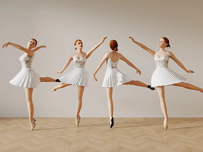 Women in White Ballet Dresses Performing Various Dancing Poses on Wooden Floor 3d model