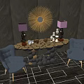 Stylish Console Table With Blue Armchairs Gold Sunburst Mirror And Decorative Items