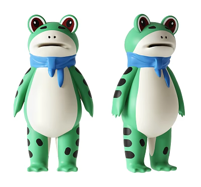 Green Frog Dolls with Red Eyes White Bellies Black Spots Wearing Blue Scarves 3d model