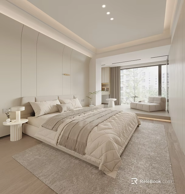 Modern Minimalist Bedroom With Light Bedding Large Bed Rug Nightstand And Accent Chair 3d model 
