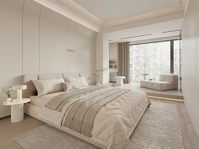 Modern Minimalist Bedroom With Light Bedding Large Bed Rug Nightstand And Accent Chair 3d model