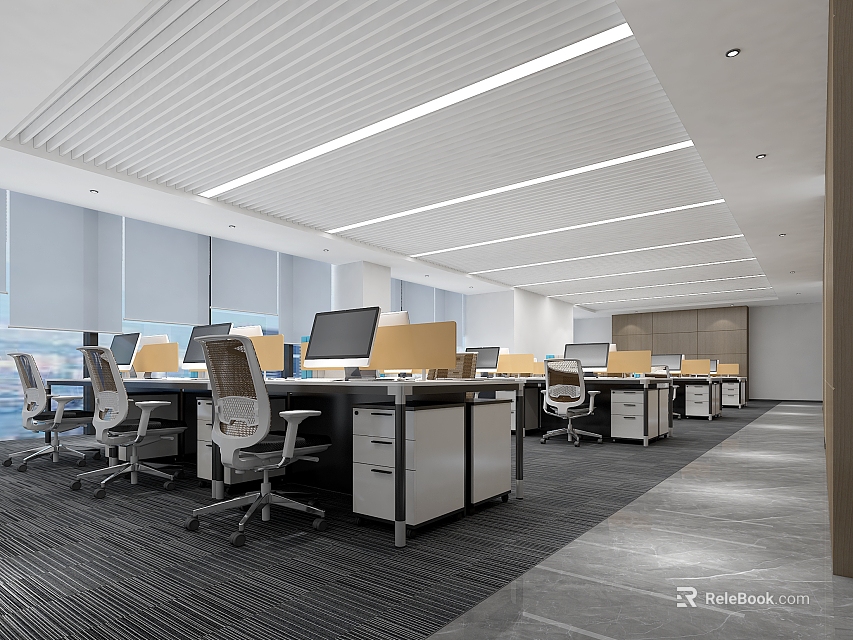 Modern Open Office Space Interior With Workstations Computers Chairs And Ceiling Lights 3d model 