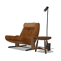 Modern Brown Leather Lounge Chair With Wooden Side Table And Floor Lamp